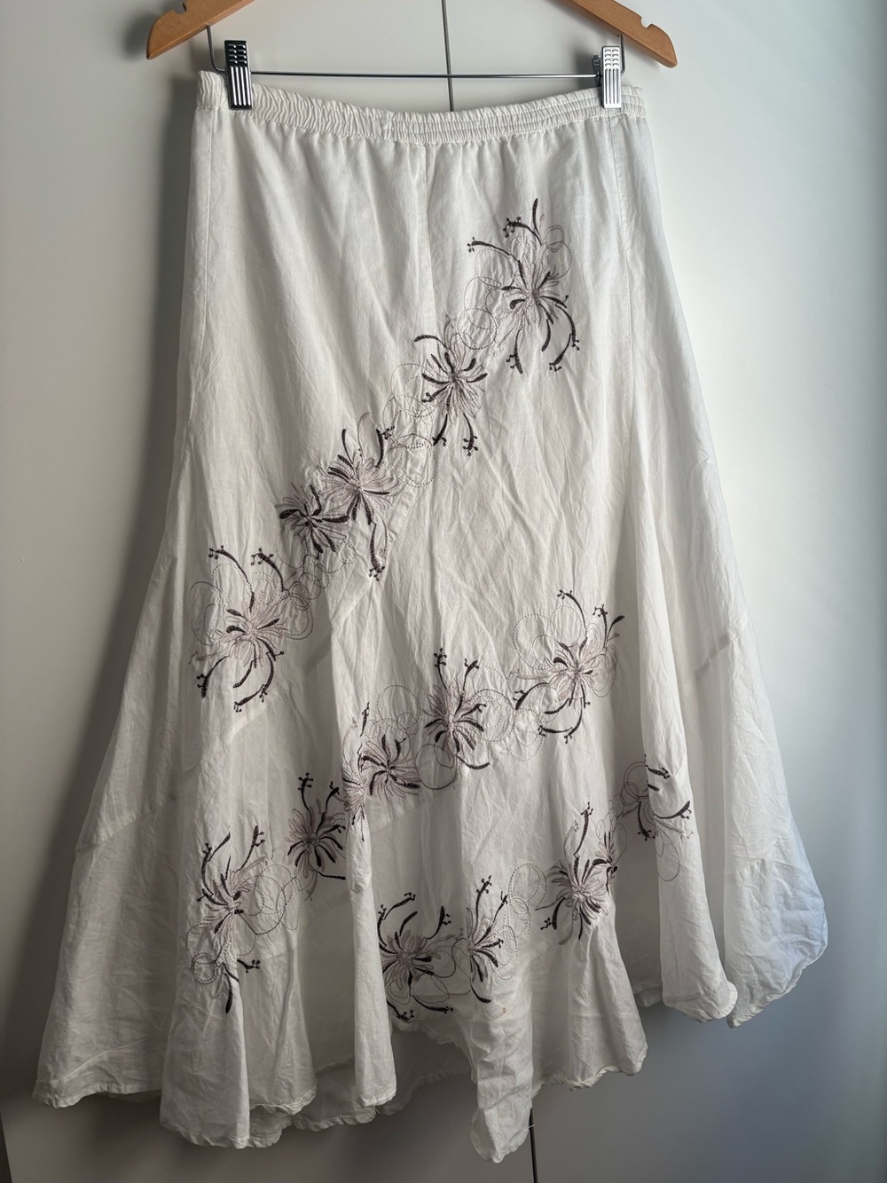 Metro Wear Cotton White A-Line Skirt with Black Floral Embroidery